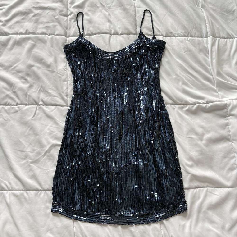 VINTAGE RARE Black Tie Oleg Cassini Blue Sequin Beaded Bodycon Mini Dress Silk